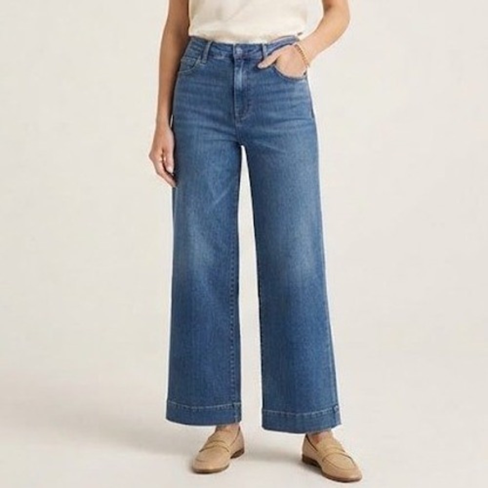 Chico's Trouser Jean Women 12R Blue Excellent Wide Leg High Rise Stretch Denim
